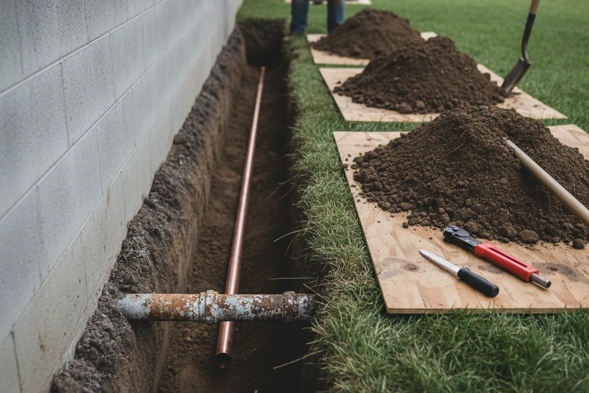 Excavated water line trench during Water Softener Installation in Akron